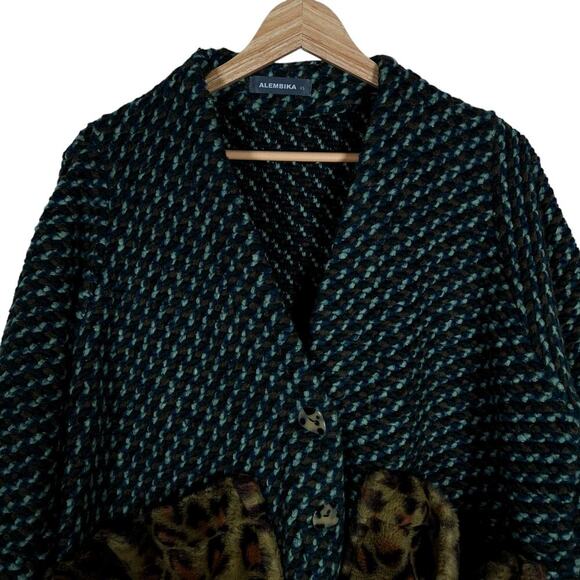 Alembika Womens Jacket XS Textured Wool Blend Leopard Faux Fur Pockets Boho Fit - Picture 4 of 11